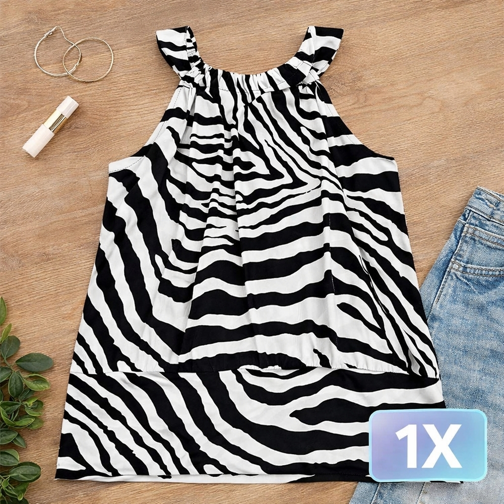 Zebra Print Halter Blouse 1X Black/White Animal Print Sleeveless Flowy Top